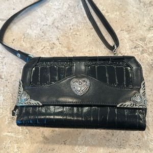 *Last Chance Price* Brighton Black Croc Leather Vintage Trifold Wallet w/ Strap